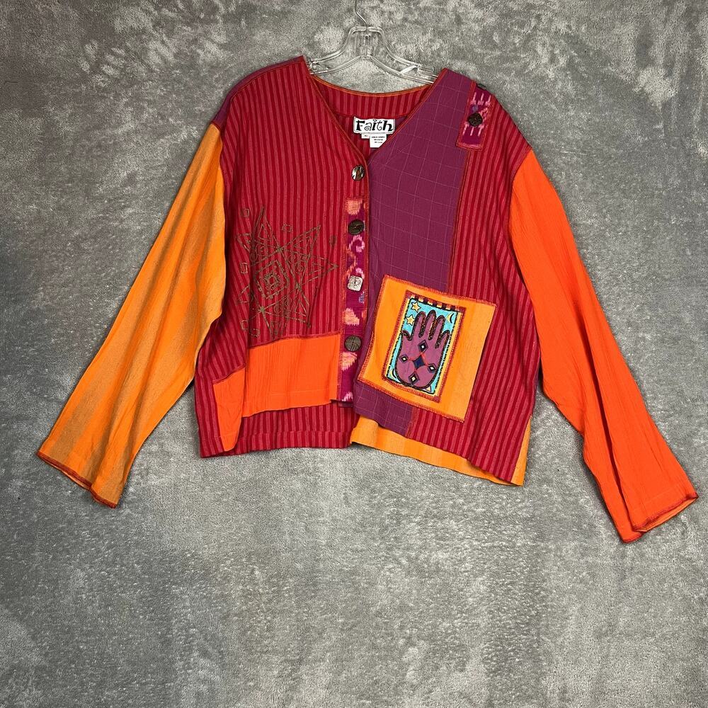 VTG 1980s Faith Top Womens XL Lagenlook Artsy Patchwork Novelty Hippie